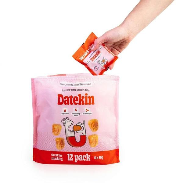 Datekin Sukkari Dates Family Bag (12 x 30g Packs) – Premium Soft Golden Dates | Healthy on-the-go Snacks | 100% Natural Superfood