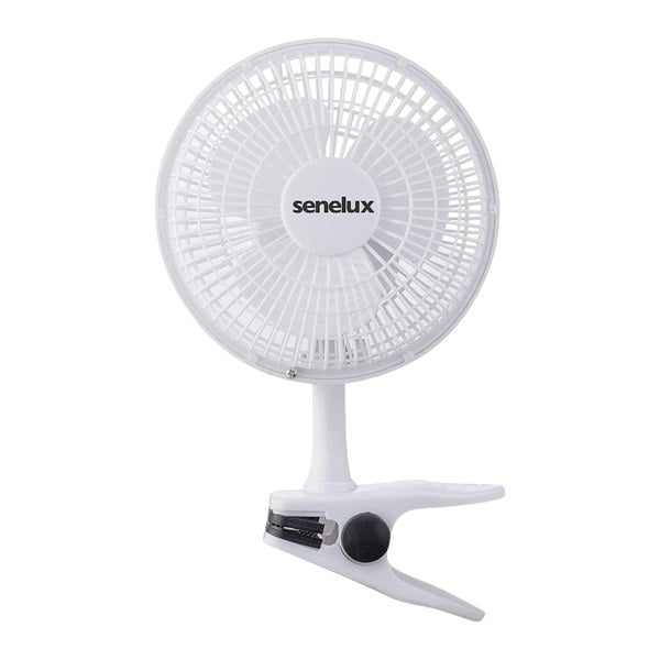 An image of the Senelux 6 inch clip on fan with rubberized clip located on the bottom with black, protective rubber.