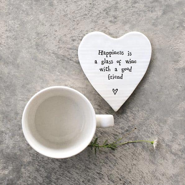 Porcelain Heart Coaster – “Happiness Is a Glass of Wine with a Good Friend” Sentimental Gift