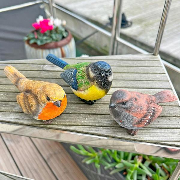 Farmwood Set 3 British Bird Garden Ornaments Robin, Sparrow & Blue Tit