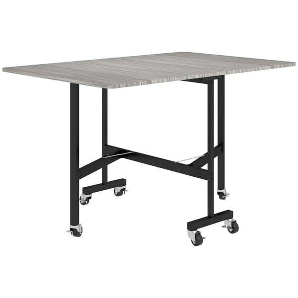 Grey wood-effect drop-leaf dining table with wheels, rectangular tabletop