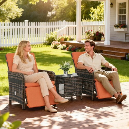 Wyld Haus Haridi Brown Rattan and Orange 3 Piece Bistro Set With Cushions And Storage Table