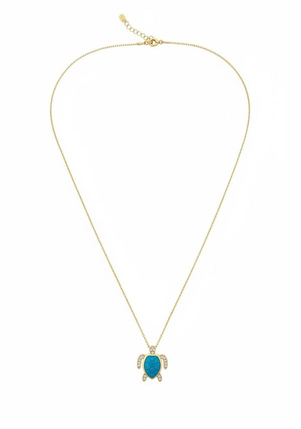 Gold necklace with a turquoise turtle pendant on a white background