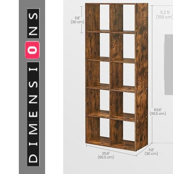 Modcraft 10-Cube Bookcase, Rustic Brown Storage Unit, Industrial Bookshelf for Living Room, Bedroom,