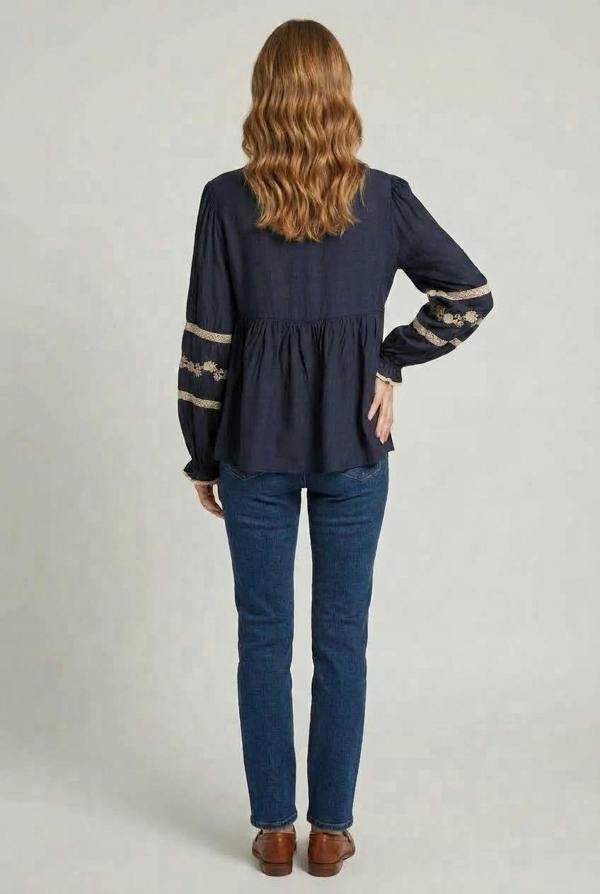 Navy | Lace Trim Long Sleeve Pleated Blouse
