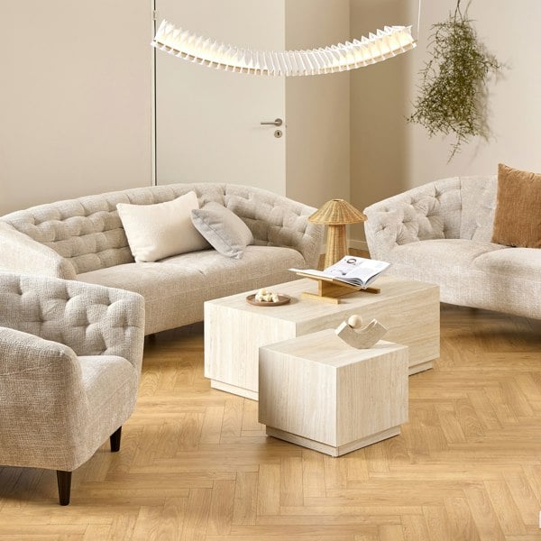 Furniture To Go Dice Square and Rectangular Coffee Table Set of 2 in Travertine Rough Paper Effect