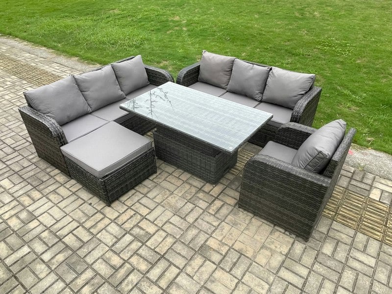Fimous 8 Seater Rattan Outdoor Furniture Set - Dark Grey Mixed with Height Adjustable Dining Table, Sofa & Reclining Chair