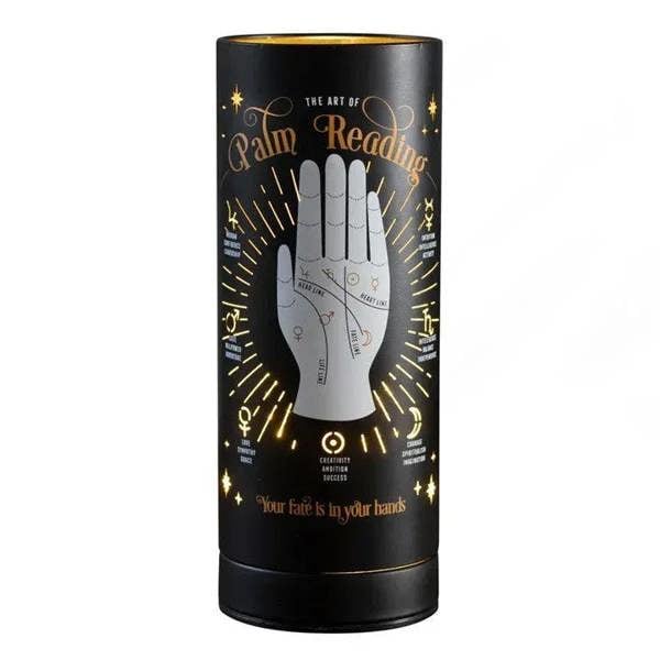 Black electric aroma lamp cylinder with palm reading illustration and gold trim