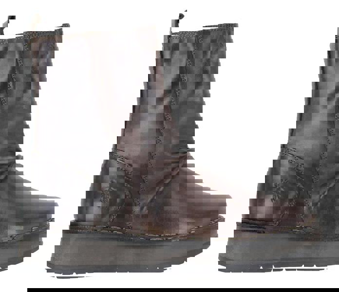 Fly London RENO Womens Side Zip Chelsea Dealer Mid Ankle Boots, brown leather ankle boots with side zipper, low heel, and elastic side panels for easy wear.