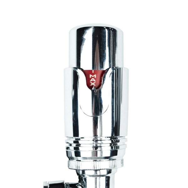 Chrome thermostatic radiator valve with a sleek, shiny finish, featuring a red MAX indicator and a durable metal construction