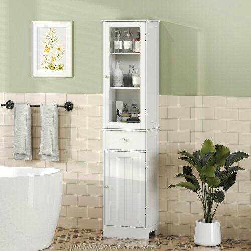 Wyld Haus Ramila Tall Bathroom Storage Cabinet With Shelves Drawer And Door In White