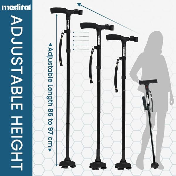 MEDITAL Folding Walking Stick with SOS Alarm & LED Light - 86-97cm Adjustable Aluminum Foldable Walking Stick for Men & Women