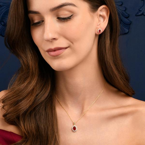 namana Gold Plated Sterling Silver Red Cubic Zirconia Oval Halo Pendant Necklace