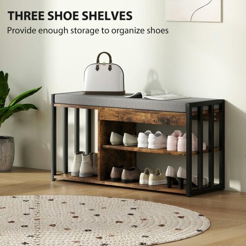Wyld Haus Soli Wooden Rustic Brown Upholstered Shoe Bench With 3 Shelf and Grey Padded Seat