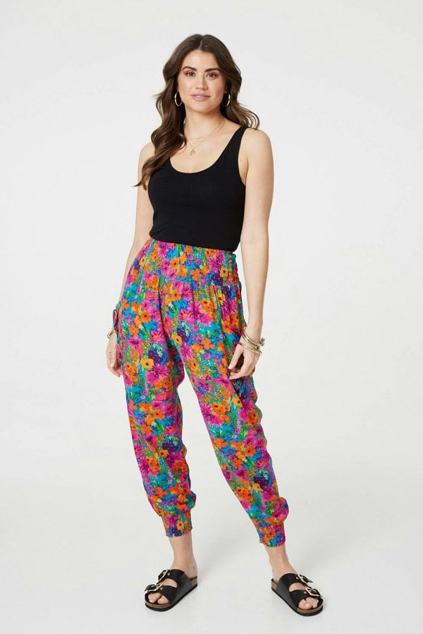 Pink | Floral Shirred High Waist Harem Pants