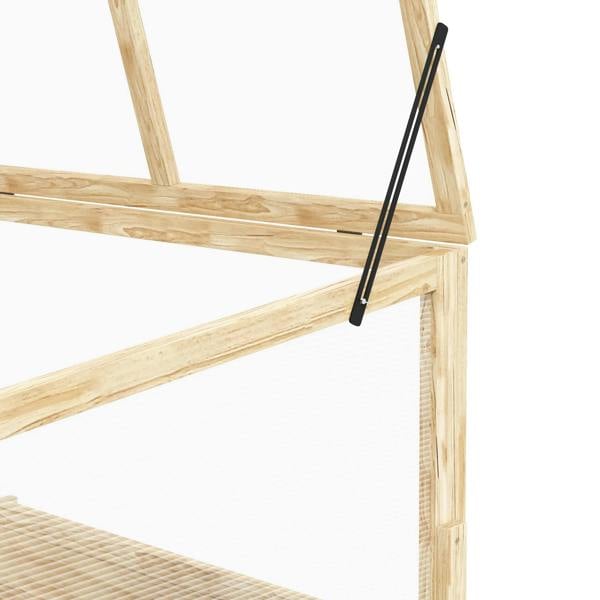 Wood greenhouse frame with black support rod and open top panel