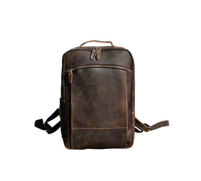 Touribag Minimalist Zip Open Leather Backpack - Dark Brown