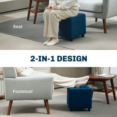 Wyld Haus Dimano Velvet Blue Upholstered Square Ottoman Diamond Tufted Pattern