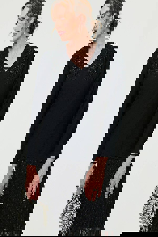 Black | Floral Embroidered Long Sleeve Top
