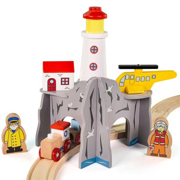 Bigjigs Rail Wooden Lighthouse 4-Way Tunnel - Includes Cottage, Lighthouse Keeper & More