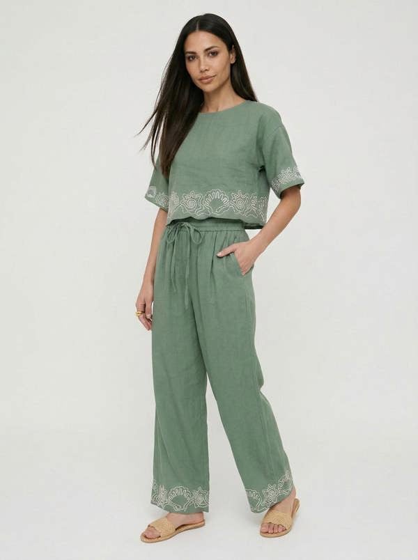 Raffya Milly Wide Leg Embroidered Trouser In Green