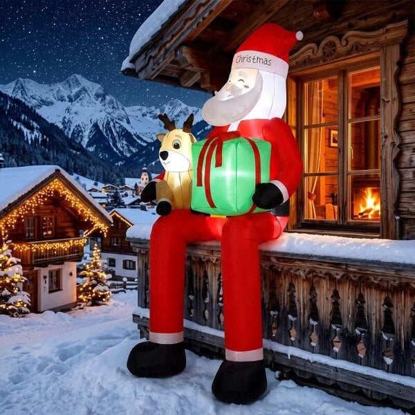 Bobobiy 9.3ft Giant Christmas Inflatable Hanging Santa Claus Sitting w/ Reindeer, Gift Box - Red