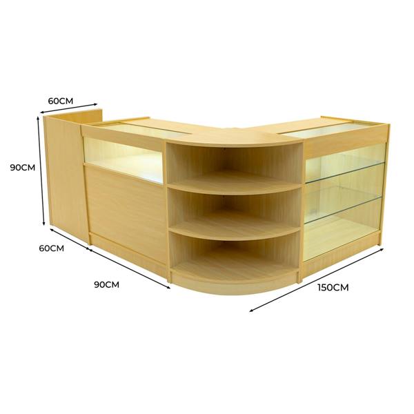Maple Hyperion LED shop counter set with curved design, glass shelves, and ample storage, dimensions 150cm x 90cm x 90cm