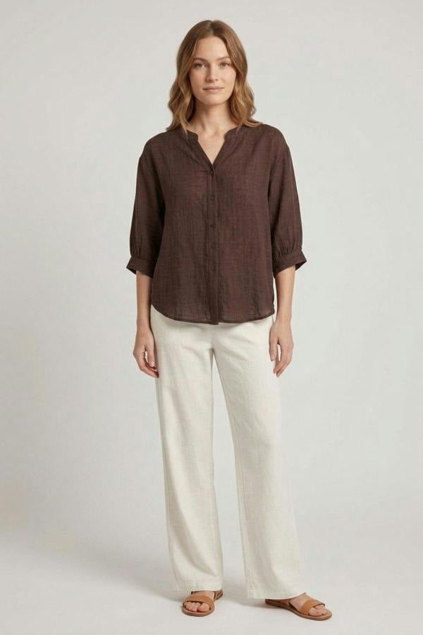 Brown | Relaxed Collarless 3/4 Sleeve Shirt
