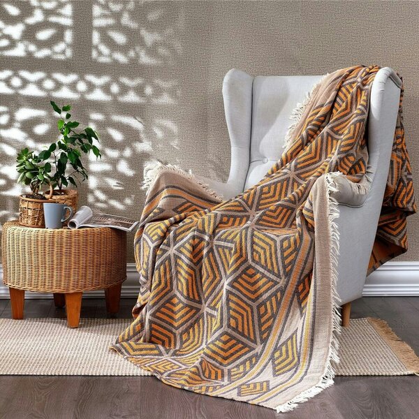 Cotton and Olive Ela Soft Jacquard Cotton Bedspread, Marigold Orange, Double | SECONDS