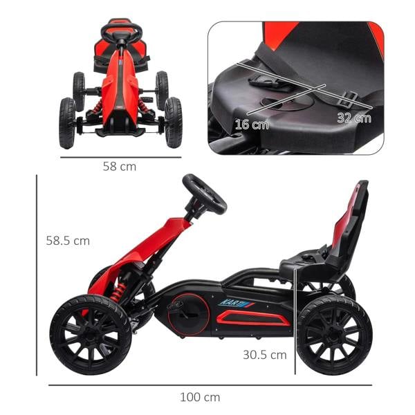 Red kids pedal go-kart with black seat and handlebars, four rugged wheels
