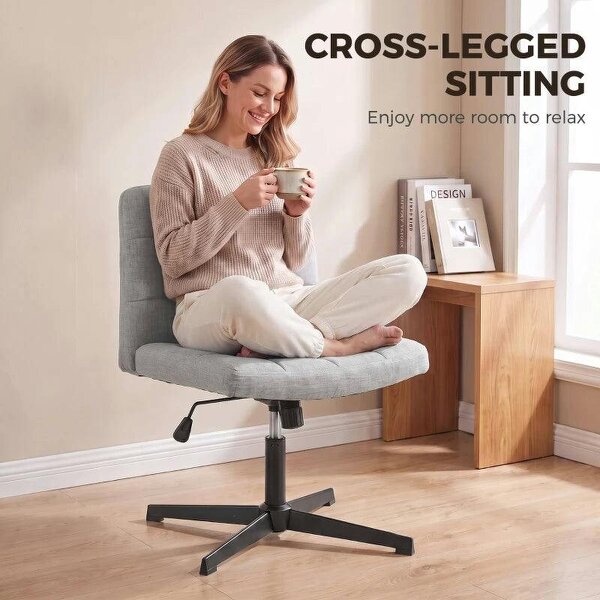 Armless Office Chair, Cross Legged Linen Computer Desk Vanity Chair with Wide Seat, Rocking Function, Grey