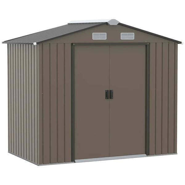 Brown metal garden shed with double doors and two roof ventilation louver vents