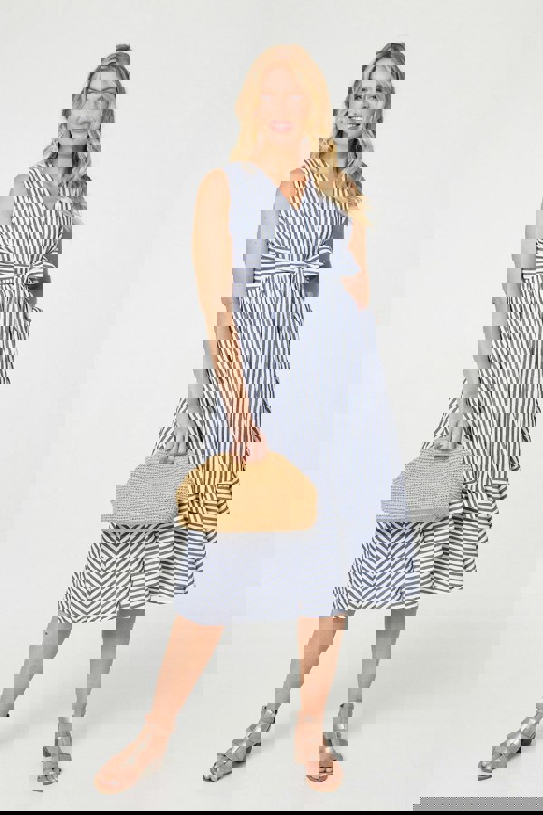 Navy | Striped Tie Waist Tiered Midi Dress