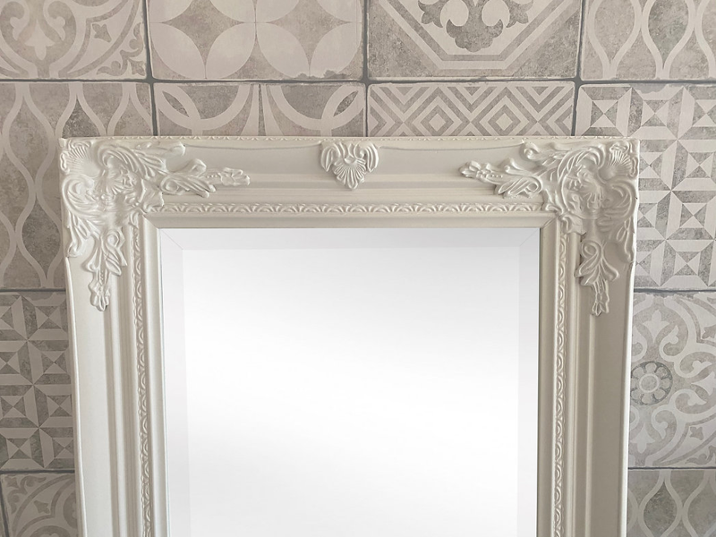 Downton Interiors Antique Style Plain White Tall Ornate Dressing Wall Mirror with Bevelled Glass 142cm