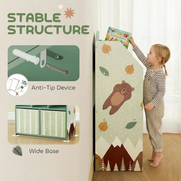 Bobobiy Kids Bookshelf with Storage, Toy Storage Unit with Book Display, Shelves and Fabric Drawers for Playroom Nursery, Green