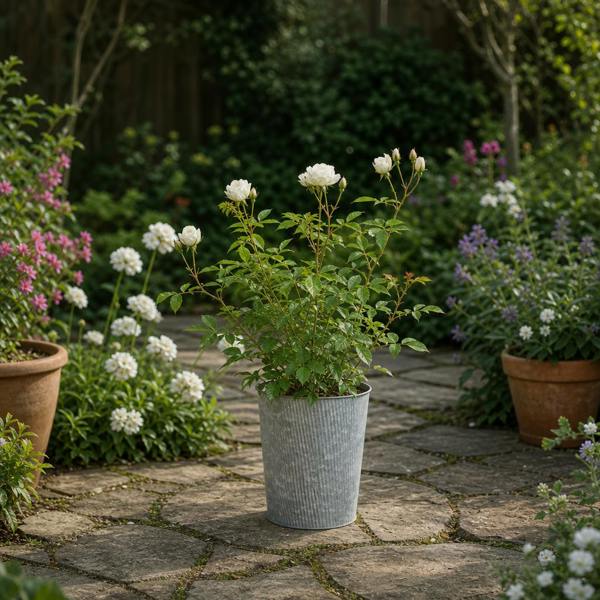 3L White Patio Rose in Decorative Pot Outdoor & Garden Plant