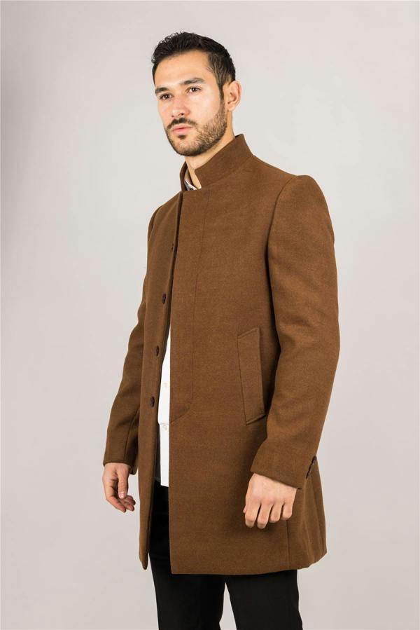 Infinity Leather Men's Brown Stand Collar Wool Blend Overcoat
