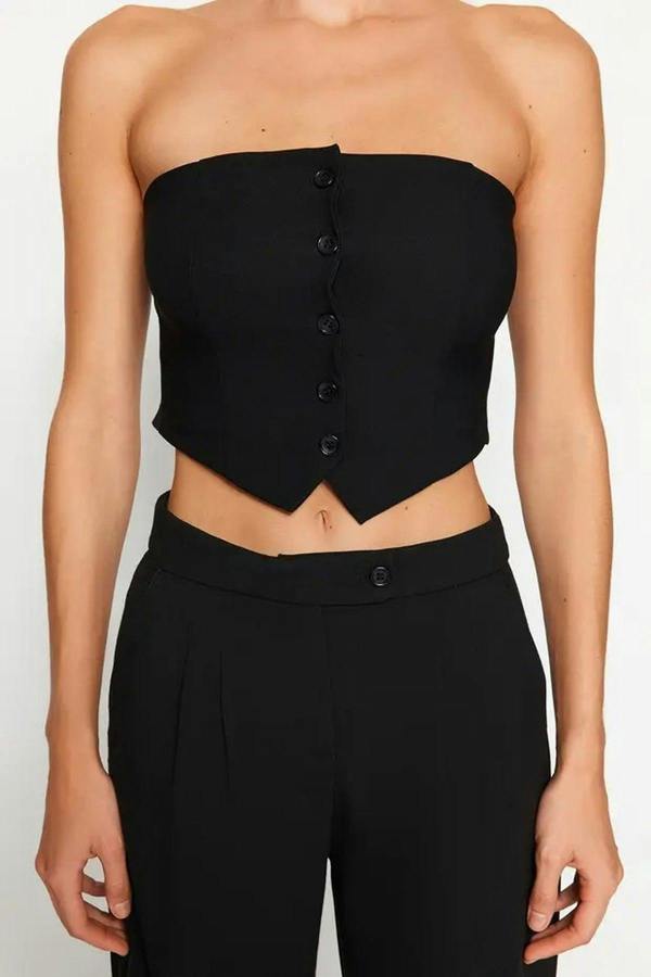 Strapless Button Detail Crop Woven Blouse