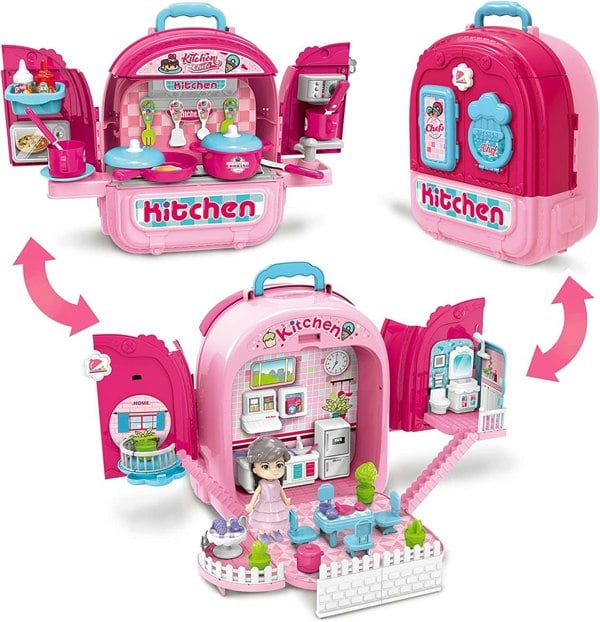 deAO Toys 3-in-1 Pink Dollhouse & Kitchen Playset – Portable Toy with Carry Backpack Pretend Play Gift for Girls Ages 3-8 Christmas & Birthday Present
