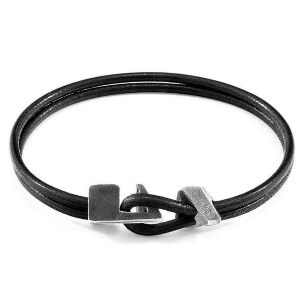 Anchor & Crew Raven Black Brixham Silver and Round Leather Bracelet