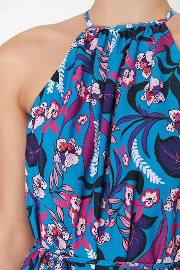 WOVCOR Floral Halter Neck A-Line Mini Woven Dress with Tie Detail