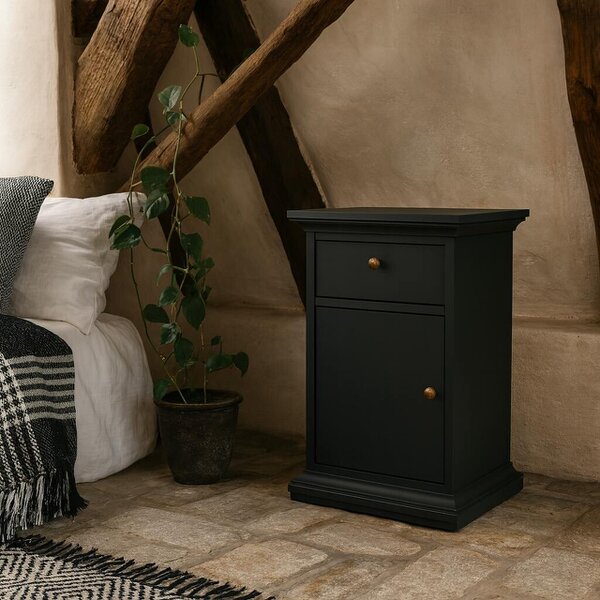 Wyld Haus Osaka Farmhouse Dark Grey Wooden Bedside Table 1 Door 1 Drawer