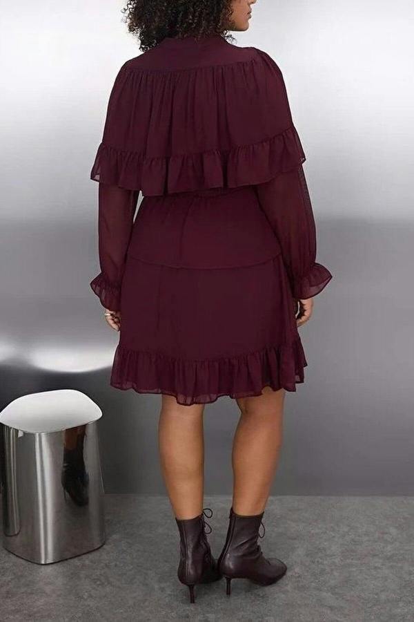 WOVCOR Chiffon Elastic Waist Ruffled Mini Woven Plus Size Dress