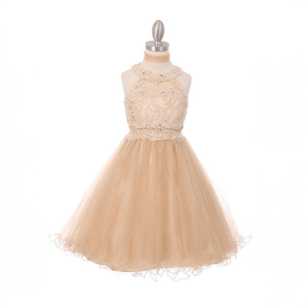 peach coloured beaded halter neck dress from uk flower girl boutique