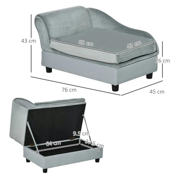 Light grey pet sofa chair with storage base; size shown 76x63x43 cm