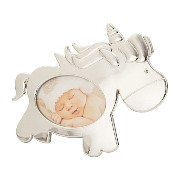 Cute Unicorn Themed Shiny Nickel Plated Metal Baby Oval Picture Frame Image 1