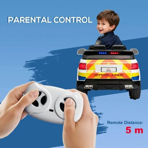 Bobobiy 12V Electric Car for Kids, Ride on Police Car with 2 Motors, Remote Control, Siren Flashing Lights, Auxiliary Wheels, for 3-6 Years, White
