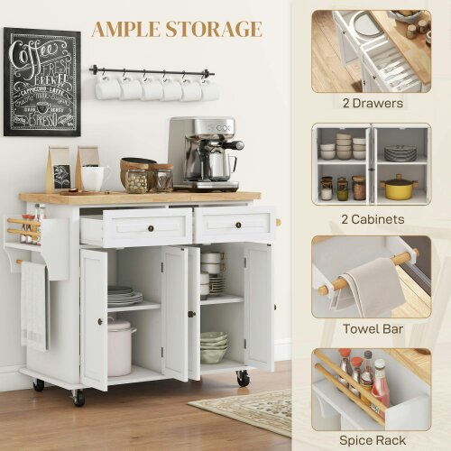 Wyld Haus Vivali Rubberwood And Wooden Cream White Rolling Kitchen Island With Drawers And Storage