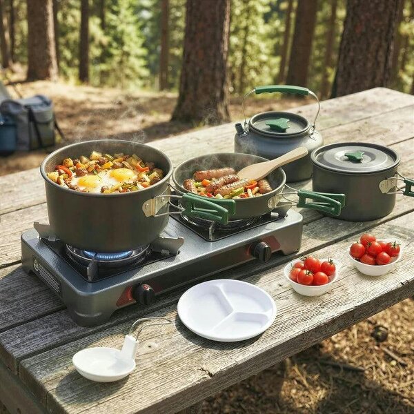 Camping Cookware Set for 4-5 People, Lightweight Aluminium Camping Cooking Kit with Anti-Scald Handles, Grey - Grey