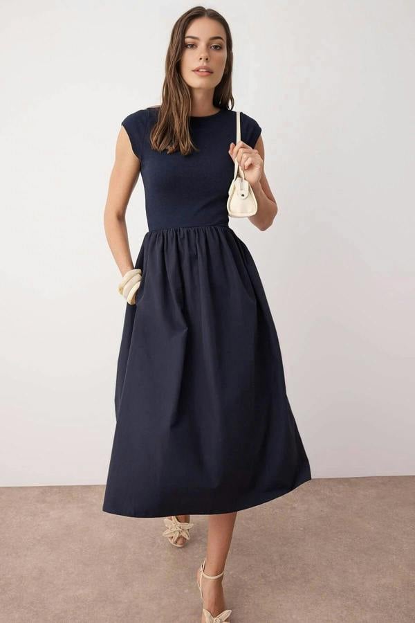 Ribbed Bodice Wide Skirt Terrycotton Contrast Maxi Dress